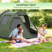 Family picnic by a green 3-4 person two-room dome camping tent in a sunny park