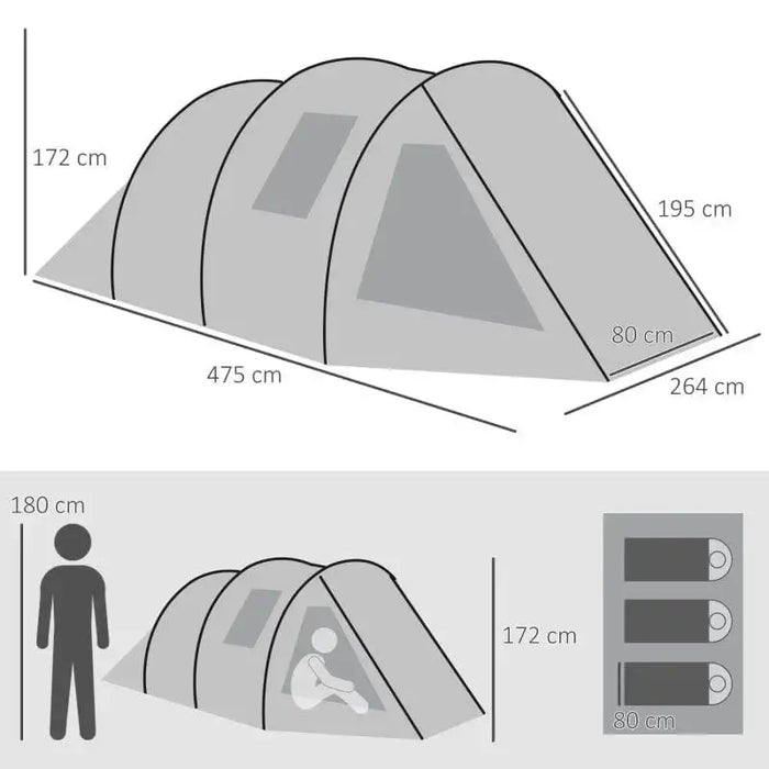 3-4 person green dome tent with two rooms, 2000mm water resistance, dimension diagram
