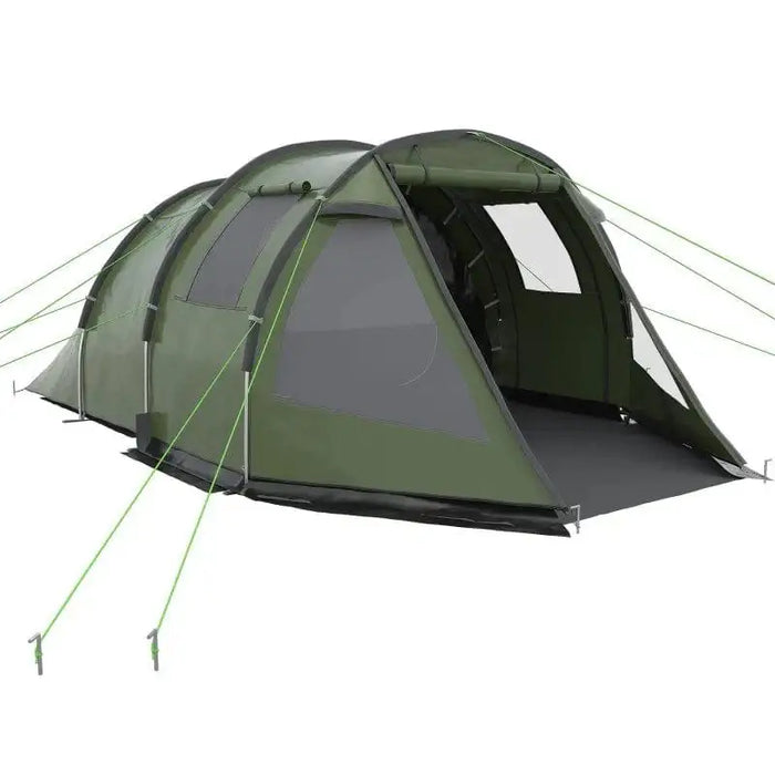 Green 3-4 person dome tent with two rooms, rainfly, and guy lines for camping