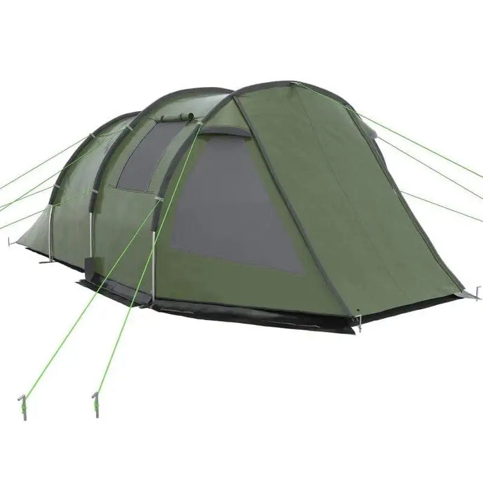 Green 3-4 person dome tent with two rooms and guy lines, pitched on white background