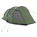 Green 3-4 person dome tent with two rooms and guy lines, pitched on white background