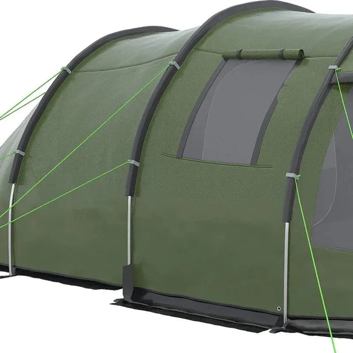 Green 3-4 person dome tent with two rooms and windows, camping gear close-up