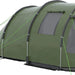 Green 3-4 person dome tent with two rooms and windows, camping gear close-up