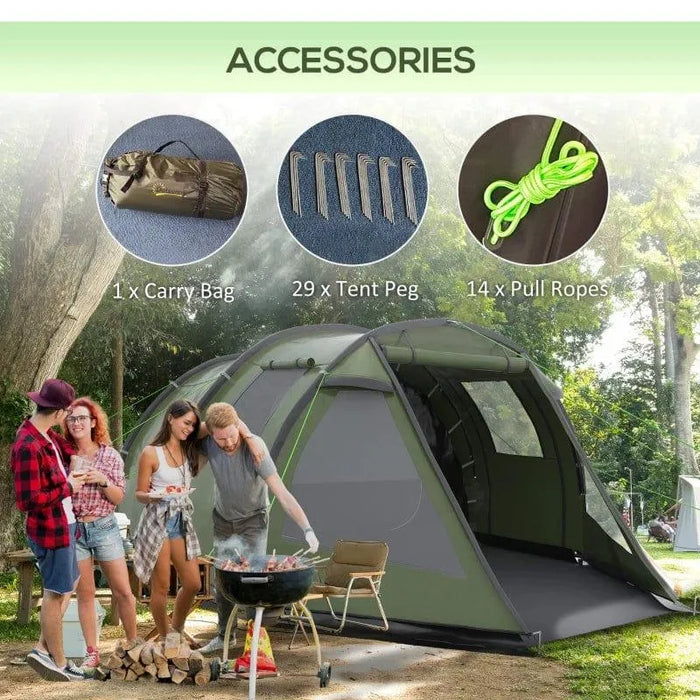 Green dome tent with two rooms and camping accessories, group outdoors near barbecue.