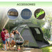 Green dome tent with two rooms and camping accessories, group outdoors near barbecue.