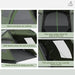 Green dome tent features mesh windows, roll-down cover, two-way zipper door, PVC windows, sewn floor