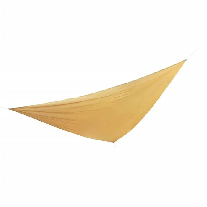 Beige triangular UV protection sun shade sail, weather resistant, isolated on white