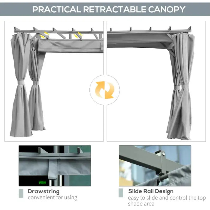 3.6x3m Aluminium Pergola – Dark Grey | Retractable Canopy Garden Shelter - Curtains and Drainage Holes OUTSUNNY - Little and Giant Explorers Outsunny