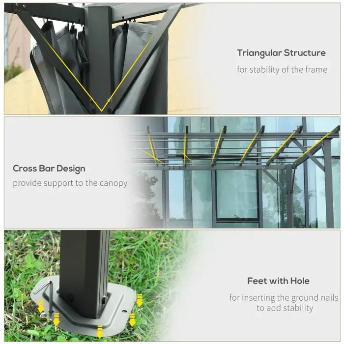 3.6x3m Aluminium Pergola – Dark Grey | Retractable Canopy Garden Shelter - Curtains and Drainage Holes OUTSUNNY - Little and Giant Explorers Outsunny