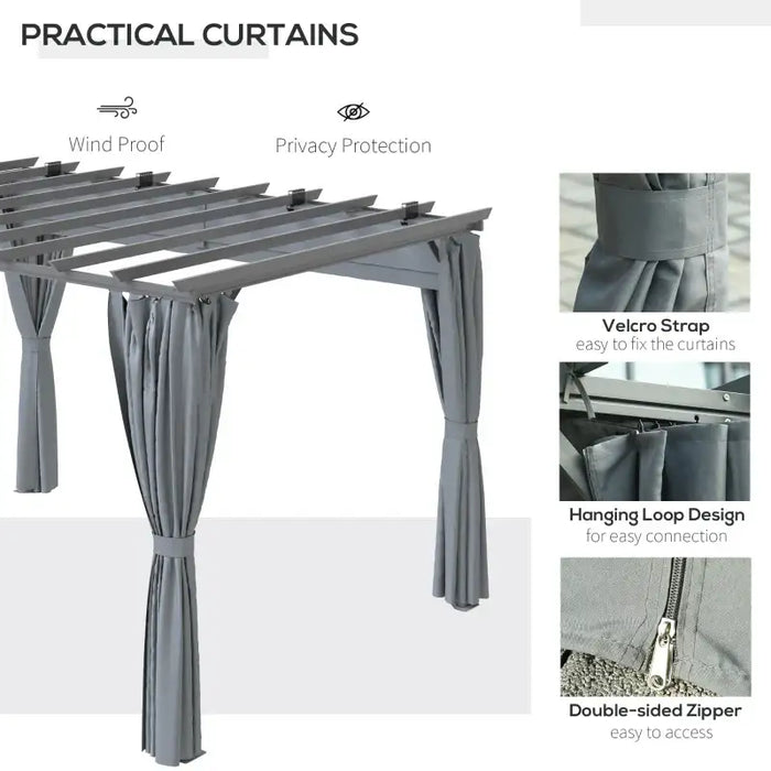 3.6x3m Aluminium Pergola – Dark Grey | Retractable Canopy Garden Shelter - Curtains and Drainage Holes OUTSUNNY - Little and Giant Explorers Outsunny
