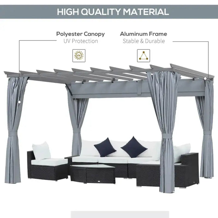 3.6x3m Aluminium Pergola – Dark Grey | Retractable Canopy Garden Shelter - Curtains and Drainage Holes OUTSUNNY - Little and Giant Explorers Outsunny