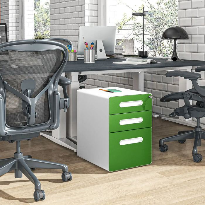Filing Cabinet with Lock | Three-Drawer Steel Construction (Green Edition) - Little and Giant Explorers Vinsetto