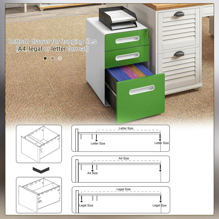 Filing Cabinet with Lock | Three-Drawer Steel Construction (Green Edition) - Little and Giant Explorers Vinsetto