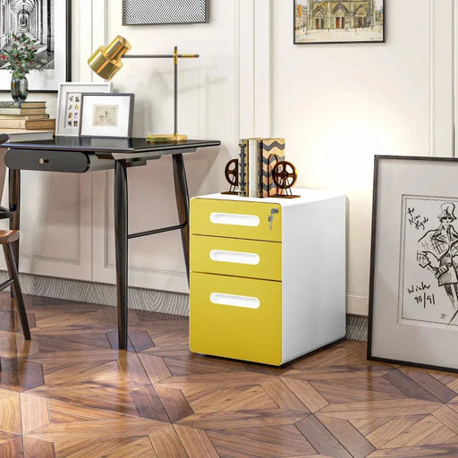 3 Drawer Steel Lockable Filing Cabinet in Yellow - Little and Giant Explorers Vinsetto