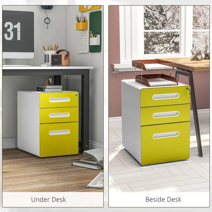 3 Drawer Steel Lockable Filing Cabinet in Yellow - Little and Giant Explorers Vinsetto