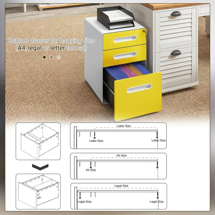 3 Drawer Steel Lockable Filing Cabinet in Yellow - Little and Giant Explorers Vinsetto