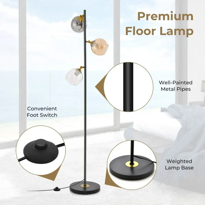 Premium floor lamp with features highlighted on a light background