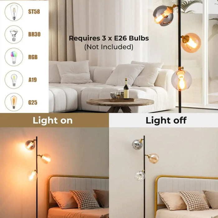 Lighting fixture with bulb options and on/off comparison in a living room setting.