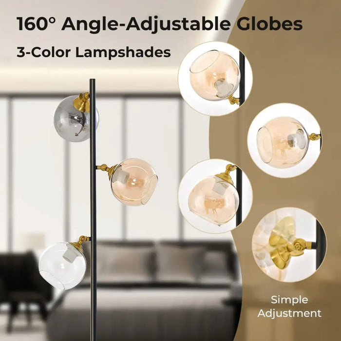 160-degree angle-adjustable lamp with three-color lampshades in a room setting.
