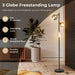 Freestanding lamp with globe lights in a living room setting, featuring text on benefits.