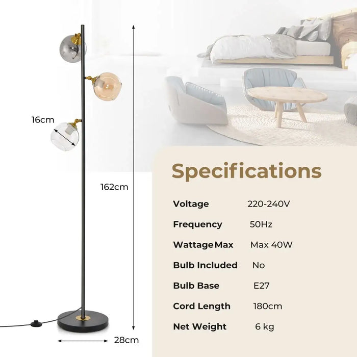 Floor lamp with specifications on a white background