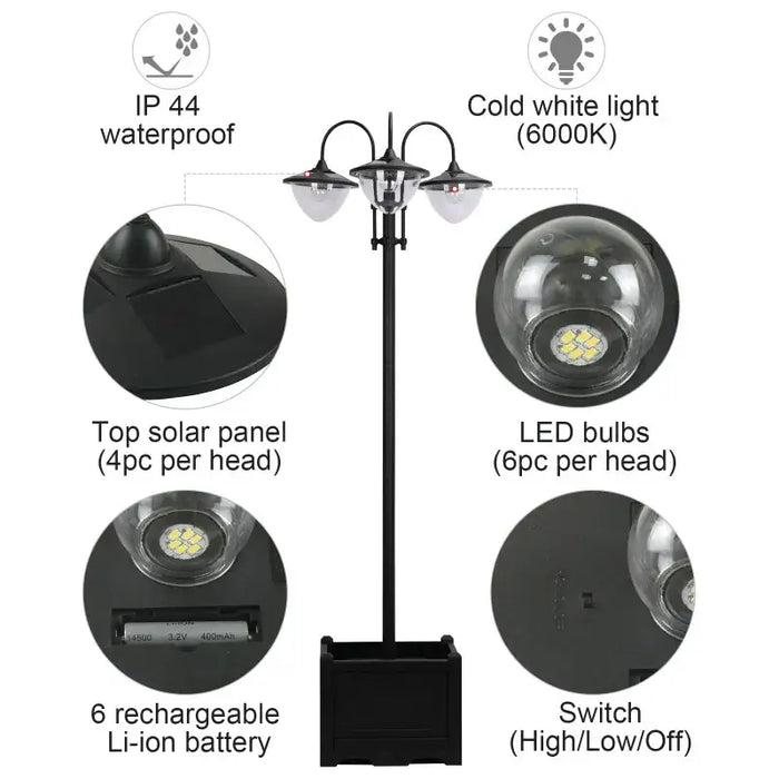 3-Head Solar Lamp Post – Black Outdoor Garden Light | Planter Base OUTSUNNY - Little and Giant Explorers Outsunny