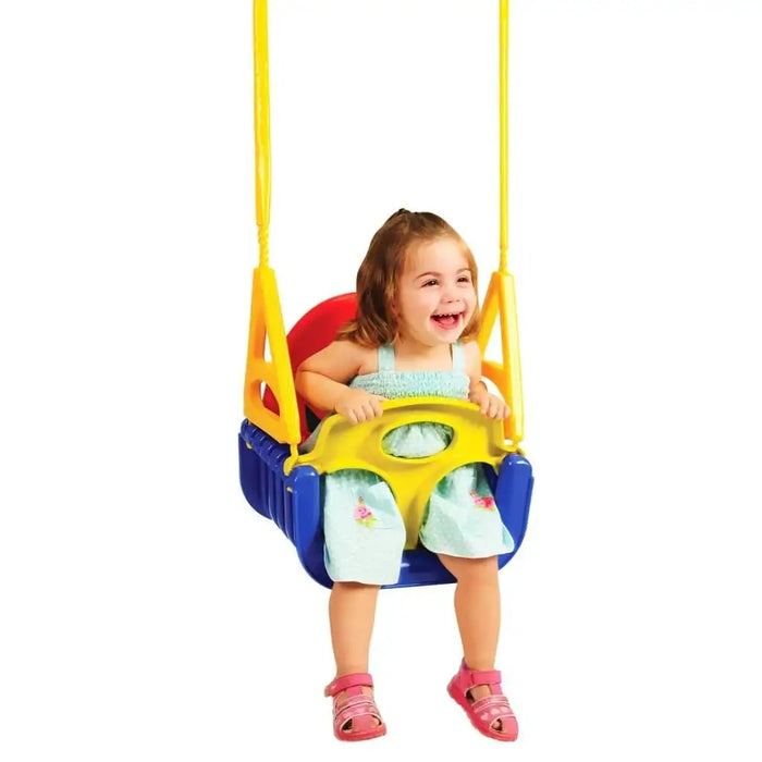 Smiling toddler in colorful 3-in-1 children's swing seat with safety belt and high backrest