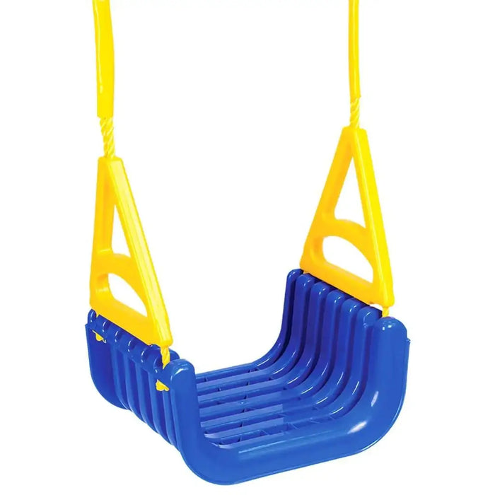 Blue and yellow plastic children's swing seat with high sides and yellow ropes