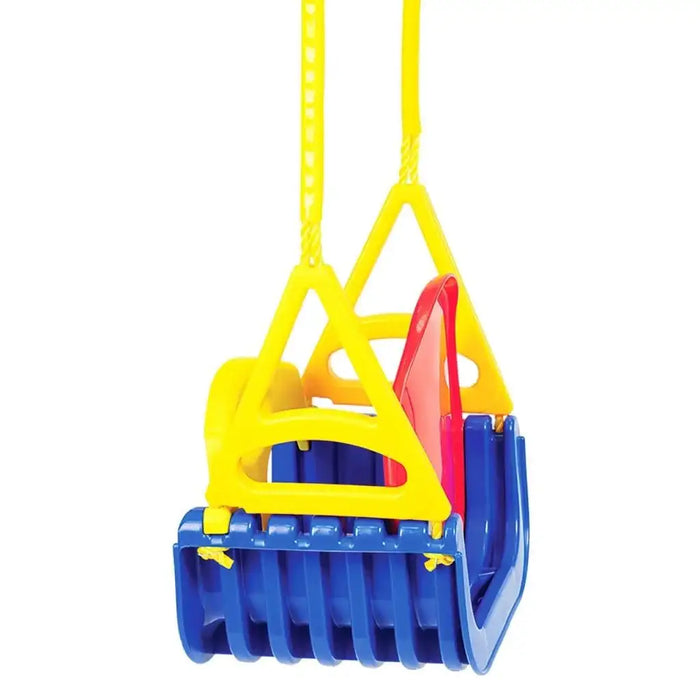 3-in-1 children's swing seat with yellow frame, blue base, and red backrest