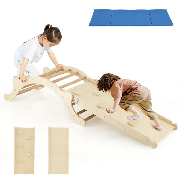 3-in-1 Climbing Playset Natural | Rocking Chair Function with Reversible Ramp - Little and Giant Explorers Costway
