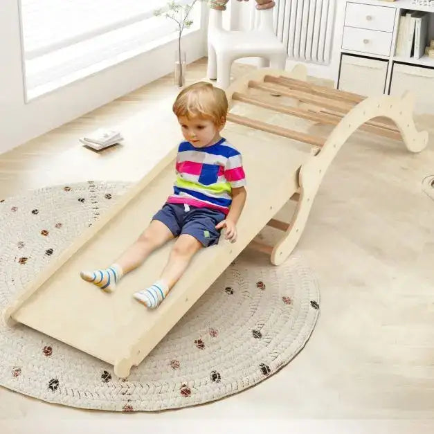 3-in-1 Climbing Playset Natural | Rocking Chair Function with Reversible Ramp - Little and Giant Explorers Costway