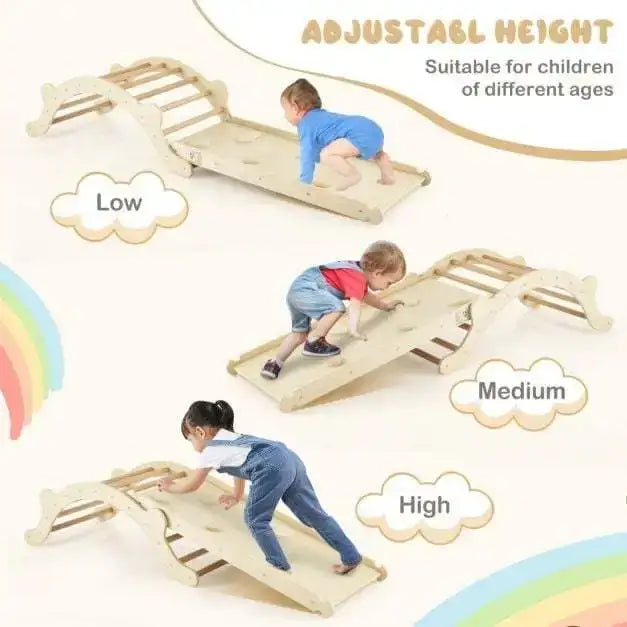 3-in-1 Climbing Playset Natural | Rocking Chair Function with Reversible Ramp - Little and Giant Explorers Costway