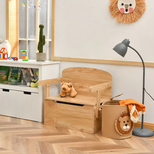 Children's room with wooden chair, lion-themed basket, and toys.