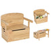 Wooden toy storage bench with various toys on a white background