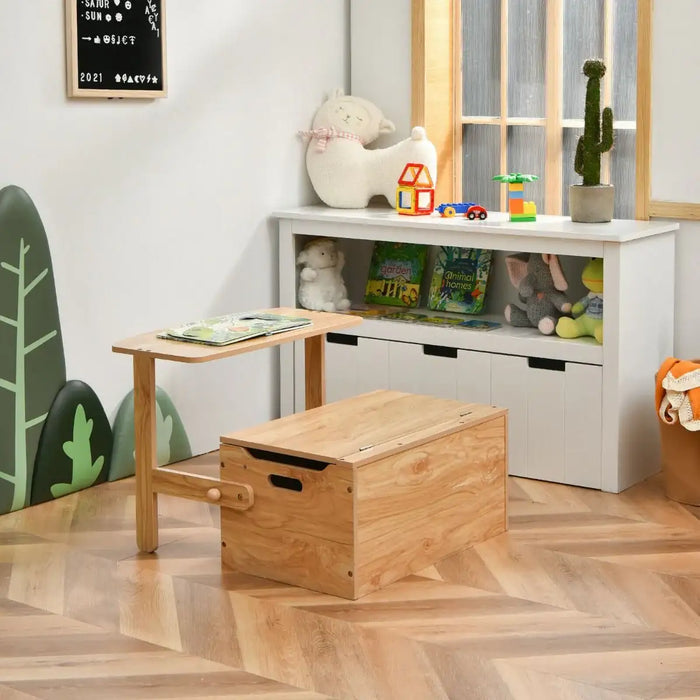 Wooden toy box and table in a room with toys and decor