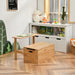 Wooden toy box and table in a room with toys and decor