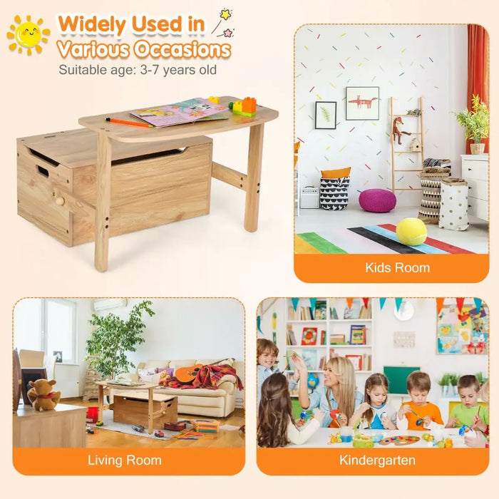 Wooden play table with storage box, suitable for children aged 3-7, shown in various settings including a kids room, living room, and kindergarten.