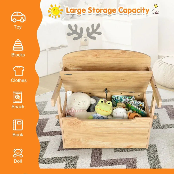 Wooden toy storage box with toys inside, labeled for various items on an orange background.