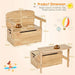 Wooden toy storage bench with dimensions and product details on a light beige background