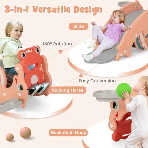 3-in-1 Convertible Rocking Horse, Slide and Basketball Hoop – Pink Toddler Playset | COSTWAY - Little and Giant Explorers Costway