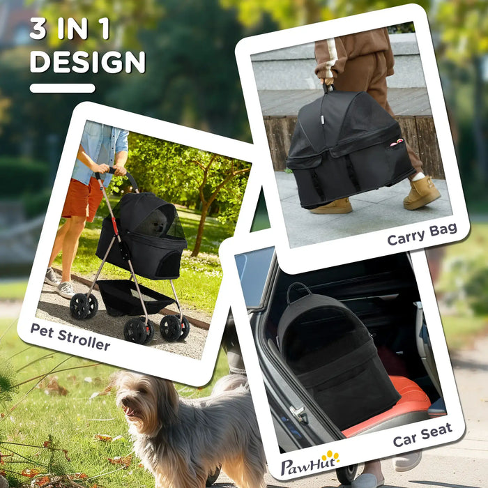 3-in-1 Pet Pram with Detachable Carrier for Mini Dog/Cats in Black - Little and Giant Explorers PawHut