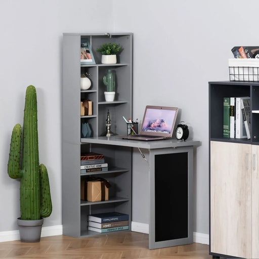 3-in-1 Fold-Out Desk Grey | Space-Saving Design with Bookcase - Little and Giant Explorers HOMCOM