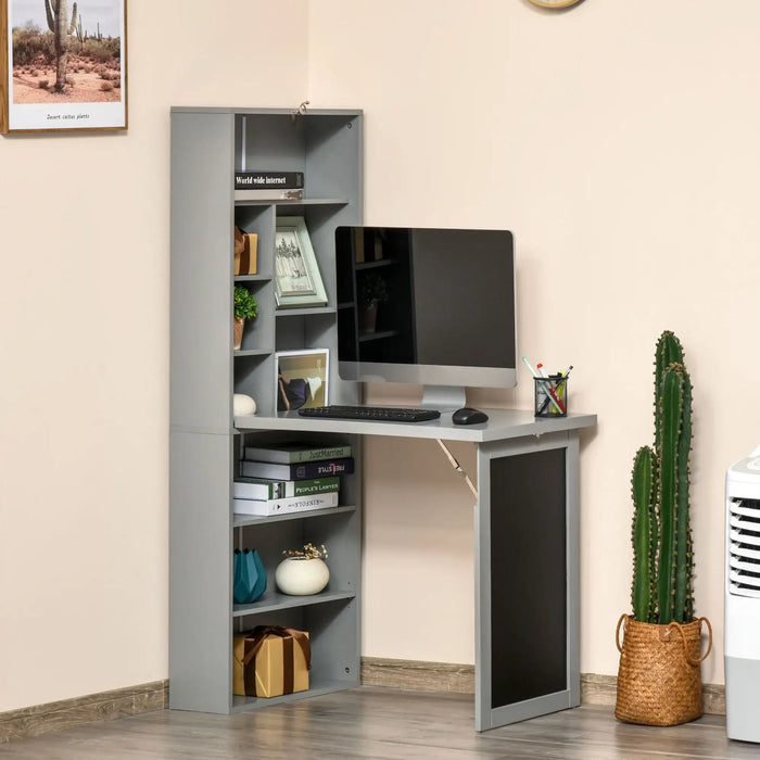 3-in-1 Fold-Out Desk Grey | Space-Saving Design with Bookcase - Little and Giant Explorers HOMCOM