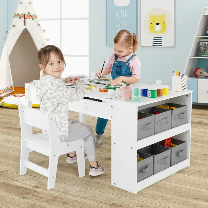 3-in-1 Kids Art and Craft Table Set - White | Easel, Storage and 2 Chairs COSTWAY - Little and Giant Explorers Costway
