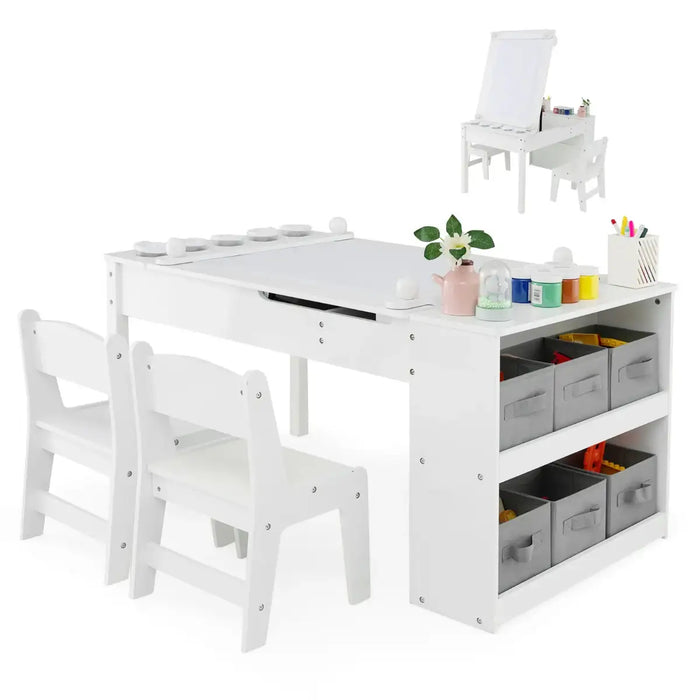3-in-1 Kids Art and Craft Table Set - White | Easel, Storage and 2 Chairs COSTWAY - Little and Giant Explorers Costway