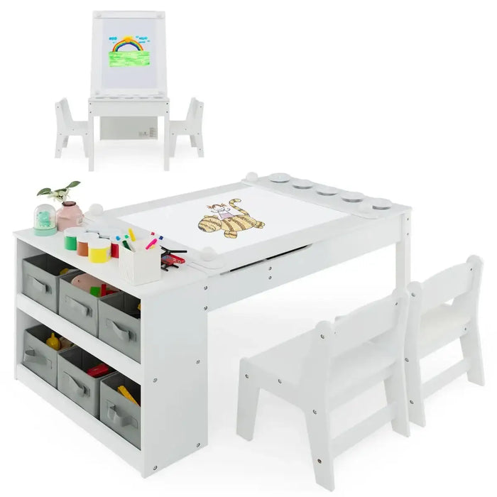 3-in-1 Kids Art and Craft Table Set - White | Easel, Storage and 2 Chairs COSTWAY - Little and Giant Explorers Costway