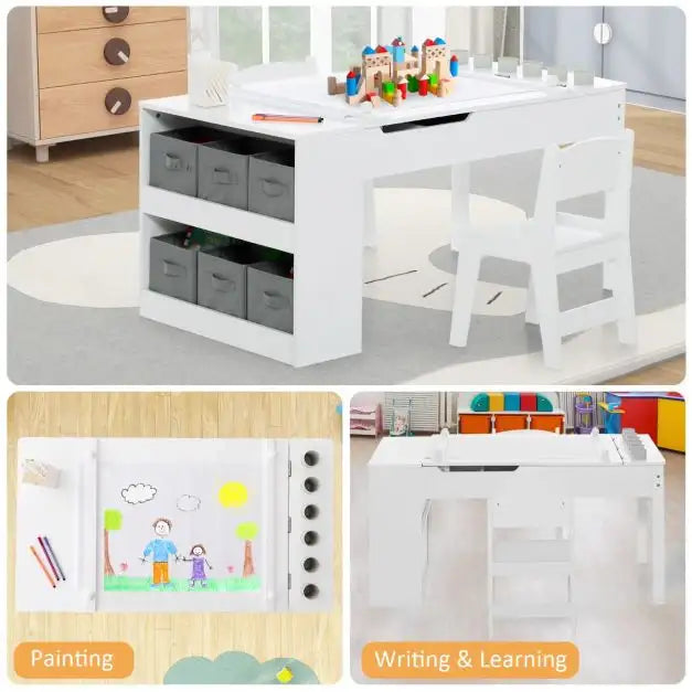 3-in-1 Kids Art and Craft Table Set - White | Easel, Storage and 2 Chairs COSTWAY - Little and Giant Explorers Costway