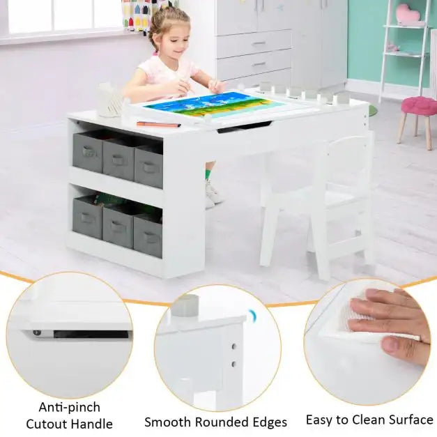 3-in-1 Kids Art and Craft Table Set - White | Easel, Storage and 2 Chairs COSTWAY - Little and Giant Explorers Costway