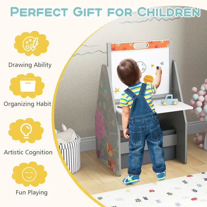 3-in-1 Kids Art Easel - Grey | Double-Sided Board - Table, Chair and Storage COSTWAY - Little and Giant Explorers Costway
