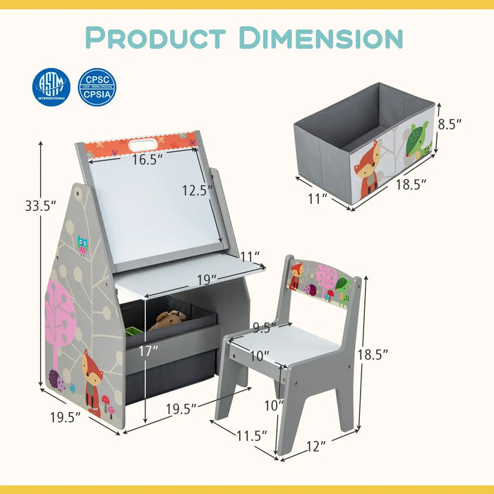 3-in-1 Kids Art Easel - Grey | Double-Sided Board - Table, Chair and Storage COSTWAY - Little and Giant Explorers Costway